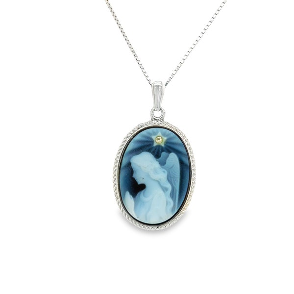 Diamond Accent 'Wings of Love' Blue Agate Cameo Pendant **with Inscription** and FREE Necklace - Sterling Silver, Unique Gift, Gift for Her