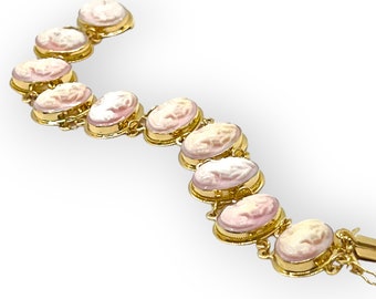 14K Gold Link Bracelet - Pink Conch Shell Cameo featuring profile of a Victorian woman