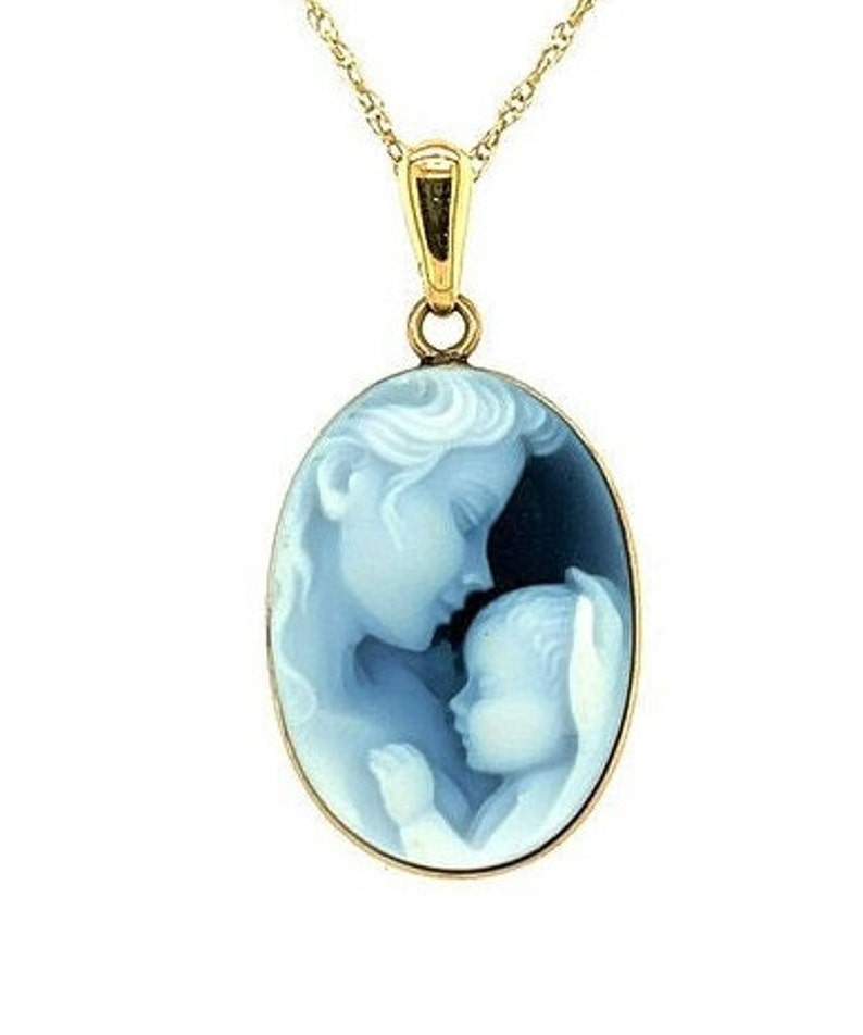 14K Gold 'Heavens Gift' Blue Agate Cameo Pendant with FREE Gold-Plated Necklace Unique Gift, Cameo Jewelry, Gift for Her, Mother's Day image 4