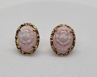 14K Gold "Flower" Pink Cameo Stud Earrings Made in Italy