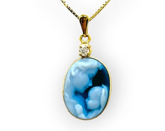 10K Gold & Diamond 'Heaven’s Gift' Blue Agate Cameo Pendant with FREE Necklace - Unique Gift, Gift for Her, Newborn Gifts, Cameo Jewelry