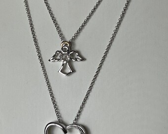 Guardian Angel & Heart Pendant Necklace Set – Silver Plated Brass