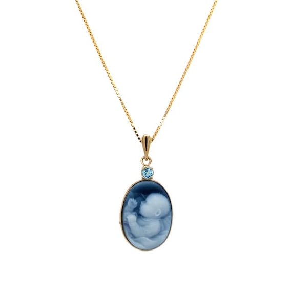 December Birthstone Pendant – Heaven Sent – Baby Cameo with Blue Topaz Birthstone