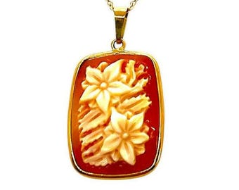Einzigartiges Rechteck 14K Gold Cameo &quot;Floral&quot; Anhänger mit KOSTENLOSER vergoldeter Halskette