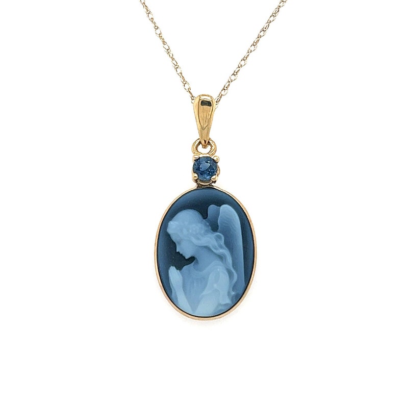 Blue Sapphire 'Wings of Love' 10K Gold Blue Agate Cameo Pendant with FREE Necklace Unique Gift, Gift for Her, Spiritual Gift image 1