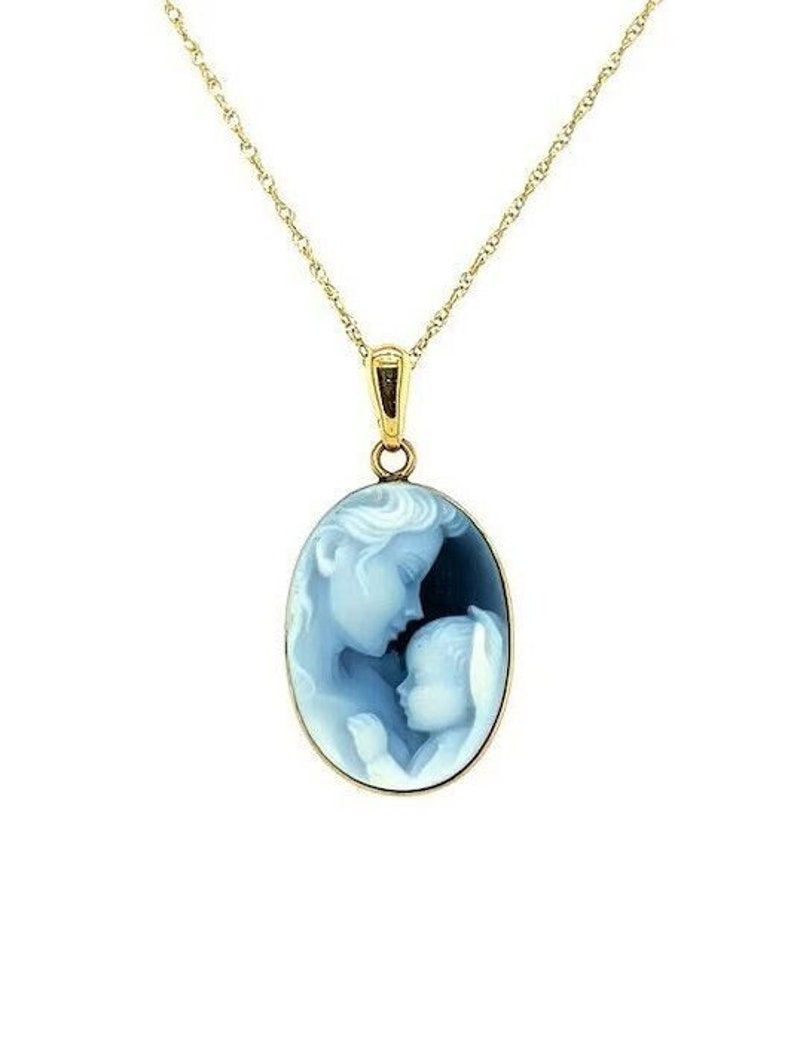 14K Gold 'Heavens Gift' Blue Agate Cameo Pendant with FREE Gold-Plated Necklace Unique Gift, Cameo Jewelry, Gift for Her, Mother's Day image 1