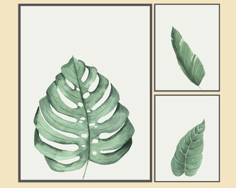 Tropical Leaves Wall Art print, Set of 3 Tropical Leaves Print, Home Decor, Minimalistic Art