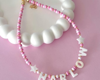 Personalized Pink Name Necklace for Girls, Custom Beaded Kids Necklace, Cute Jewelry Gift for Toddler Girl, Birthday Gift for Little Girl