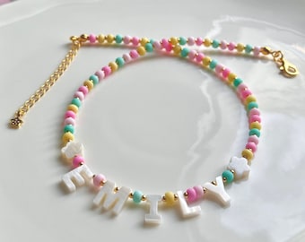 Toddler Name Necklace, Beaded Custom Name Necklace with Mother of Pearl Letters, Little Girl Necklace, Gift for Girls, Toddler Girl Necklace