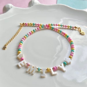 Custom Beaded Name Necklace, Mother of Pearl Letter Necklace, Gift for Girls