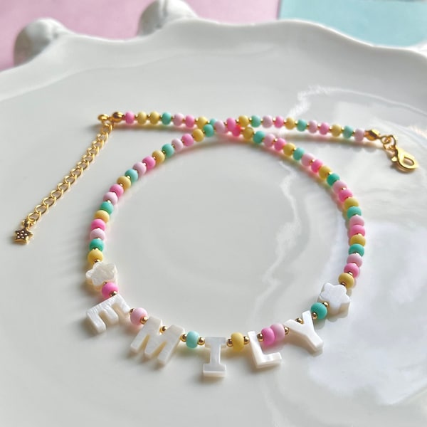 Toddler Name Necklace, Beaded Custom Name Necklace with Mother of Pearl Letters, Little Girl Necklace, Gift for Girls, Toddler Girl Necklace
