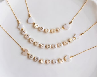 Custom Girls Name Necklace, Mother of Pearl Letter Necklace, Toddler Name Necklace, Flower Girl Gift, Christmas Gift for Little Girl