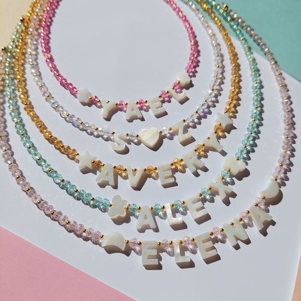 Personalized Name Necklace with Mother of Pearl Letter Beads, Toddler Name Necklace, Gift for Flower Girls, Custom Pearl Letter Necklace