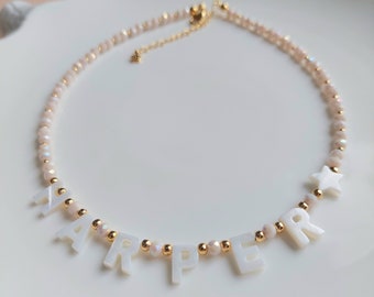 Custom Name Necklace with Mother of Pearl Letter Beads, Personalised Necklace