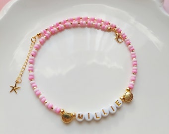 Toddler Beaded Name Necklace, Pink Bead Necklace, Little Girls Pink Choker, Gift for Kids, Personalized Child Necklace, Custom Name Necklace