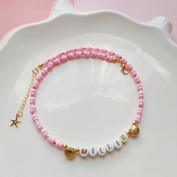 Toddler Beaded Name Necklace, Pink Bead Necklace, Little Girls Pink Choker, Gift for Kids, Personalized Child Necklace, Custom Name Necklace