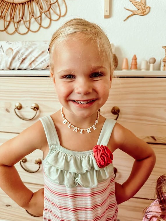Toddler Name Necklace with Mother of Pearl Letter Necklace, Custom Kids Necklace, Gift for Little Girls, Children's Birthday Gift