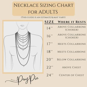 May include: Necklace sizing chart for adults. The chart shows necklace lengths from 35.56 cm to 91.44 cm and where they rest on the body. Includes a diagram of a person wearing necklaces of different lengths. The text "Made by Pery Pie" is at the bottom.