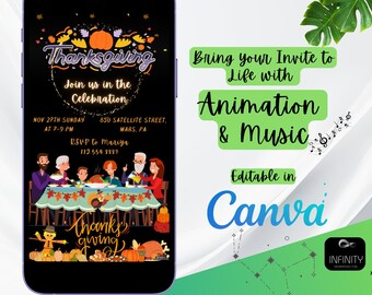 Invitación de audio y video de Acción de Gracias / Invitación a la cena / Pavo / Celebración / Plantilla / Marcos 8