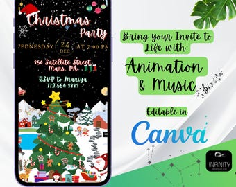 Invitación en vídeo para fiesta de Navidad, animada, plantilla de Canva (descarga instantánea)