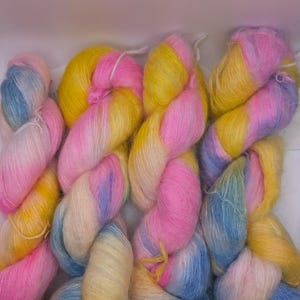 Hand Dyed Mohair, Pink, Blue, Yellow