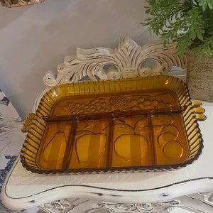Vintage INDIANA GLASS Amber Carnival Glass Divided Tray Fruit pattern. Just Lovely!