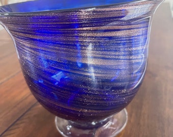 Vintage GORGEOUS Hand Blown Pedestal Bowl Cobalt Blue with a Copper/Gold Sequin Swirl ART Glass
