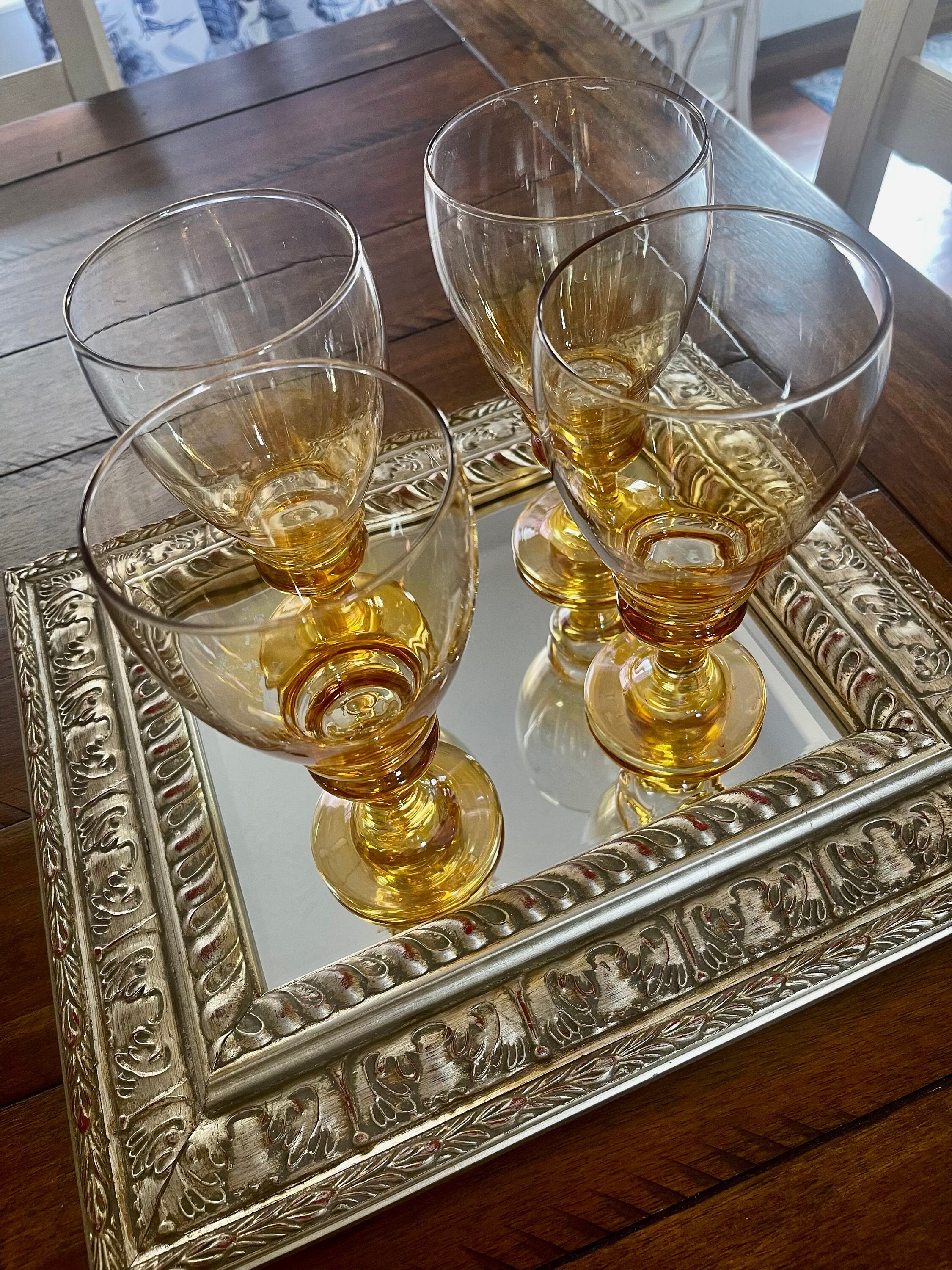 Vintage Boho Chic German Amber Crystal Wine Glasses With Beehive Stems -  Set of 4.