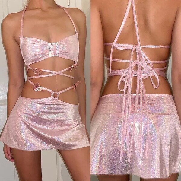 glitter dress set, Pink Rave outfit, rave dress, festival clothes, Rave Outfit, summer dress, Rave clothes, beach dress, clothing women