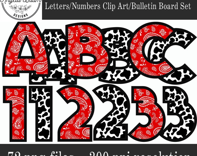 Western Alphabet Clip Art | Bulletin Board Letters | Cow and Bandana Print PNG Commercial Use Permitted