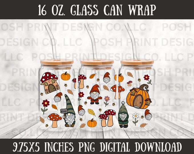 Fall Gnomes 16 oz Glass Can Wrap PNG | Autumn Sublimation (Digital Download)