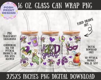 Mardi Gras 16 oz. Glass Can Wrap PNG |  PNG Digital Download | Commercial Use