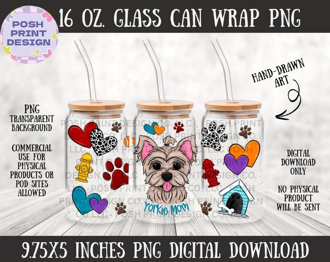 Yorkie Dog Mom 16oz Glass Can Wrap PNG | Dog Lover Design (Digital Download)