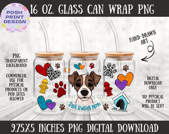 Jack Russell Terrier Dog Mom 16oz Glass Can Wrap PNG | Dog Lover Design (Digital Download)