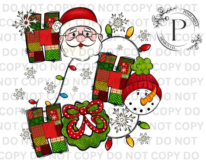 Ho Ho Ho Christmas PNG | Santa, Snowman, and Wreath Letters | Holiday Sublimation Design | Commercial Use