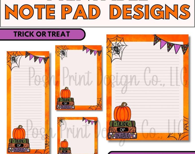 Trick or Treat Book Stack Printable Notepad Designs, Halloween, PNG and PDF, Commercial Use