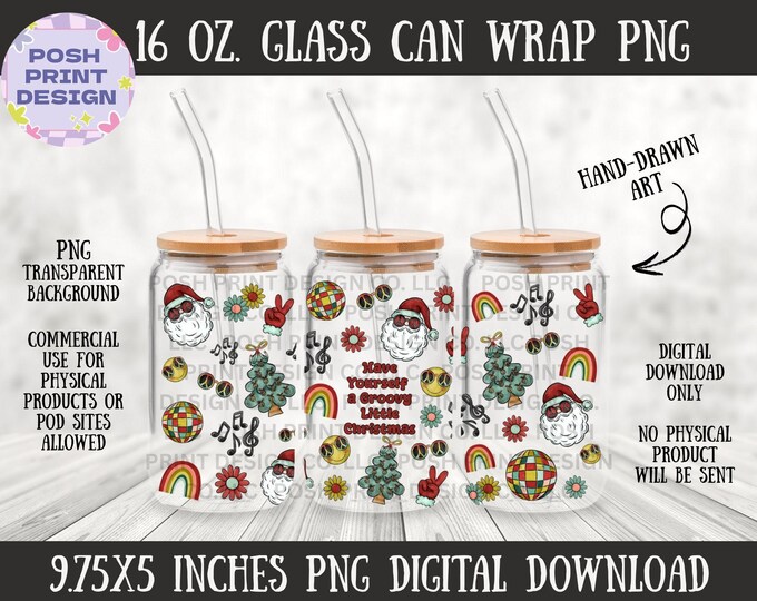 Retro Groovy Christmas Glass Can Wrap PNG | 16 oz Libbey | Festive Holiday | Digital Download