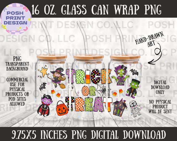 Halloween Trick or Treat Glass Can Wrap | 16 oz Libbey PNG (Digital Download)