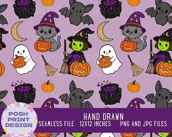 Halloween Seamless Digital Pattern | Cute Witch, Ghost, Pumpkin, Cat & Bat | JPG + Transparent PNG