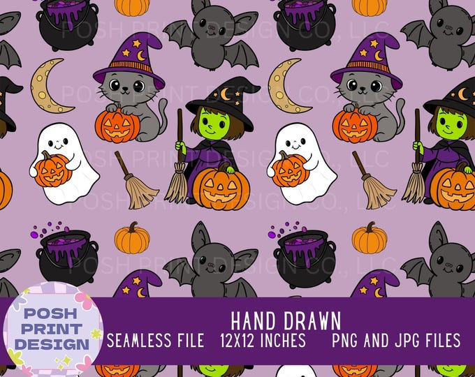 Halloween Seamless Digital Pattern | Cute Witch, Ghost, Pumpkin, Cat & Bat | JPG + Transparent PNG