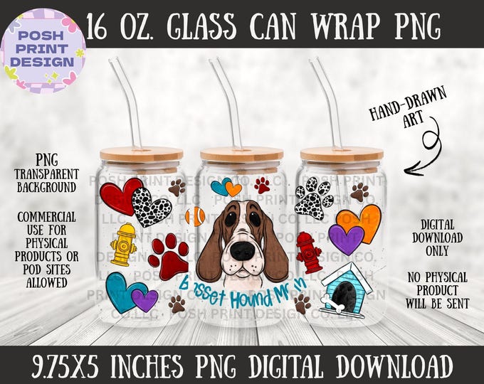 Basset Hound Mom 16oz Glass Can Wrap PNG | Dog Lover Design (Digital Download)