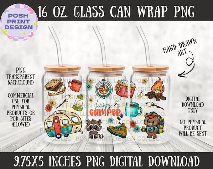 Happy Camper Glass Can Wrap PNG | Camping Sublimation Design | 16 oz Glass Can Wrap Design