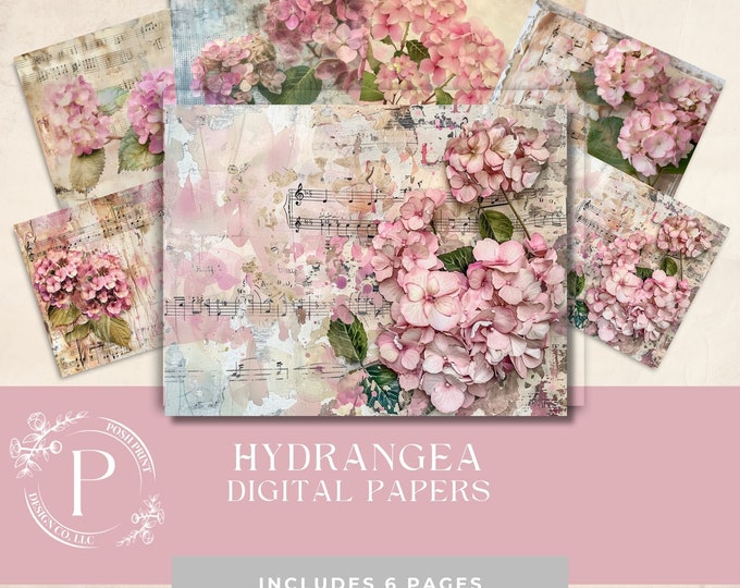 Hydrangea Scrapbook Digital Papers, Junk Journal Papers, 11x8.5, JPG