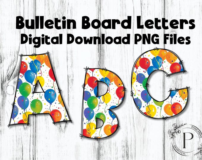 Balloons and Confetti Doodle Alphabet Clip Art, Bulletin Board Letters, Alphabet Clip Art, PNG files, Digital Download