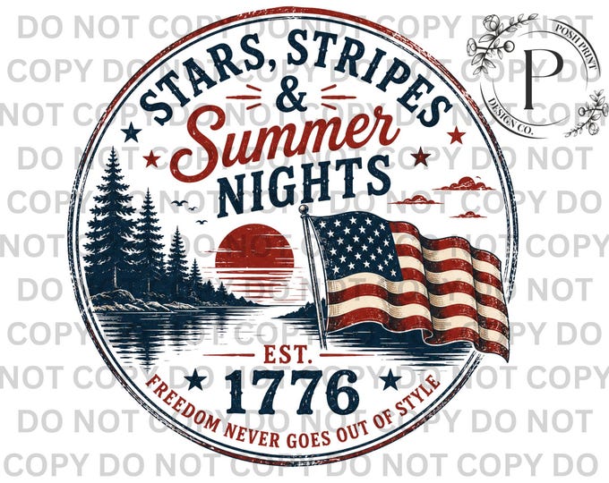 Stars, Stripes, and Summer Nights PNG | Patriotic Sublimation Design | Retro 4th of July Graphic