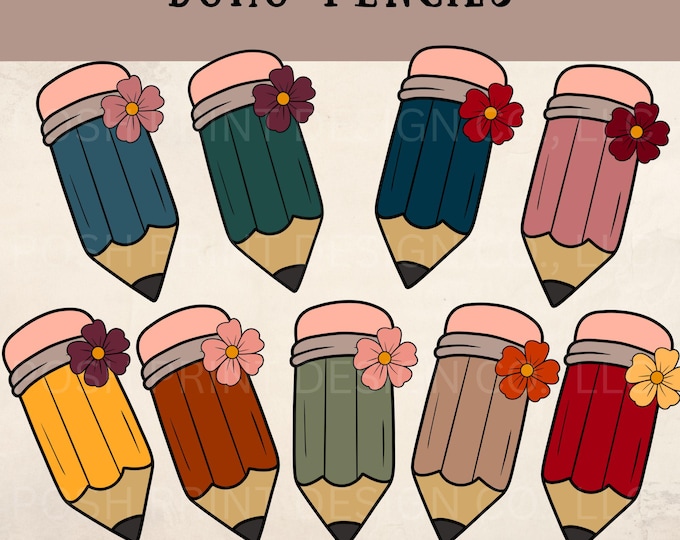 Boho Pencils Clip Art | Cute Boho School Supply Illustrations | Commercial Use PNGs