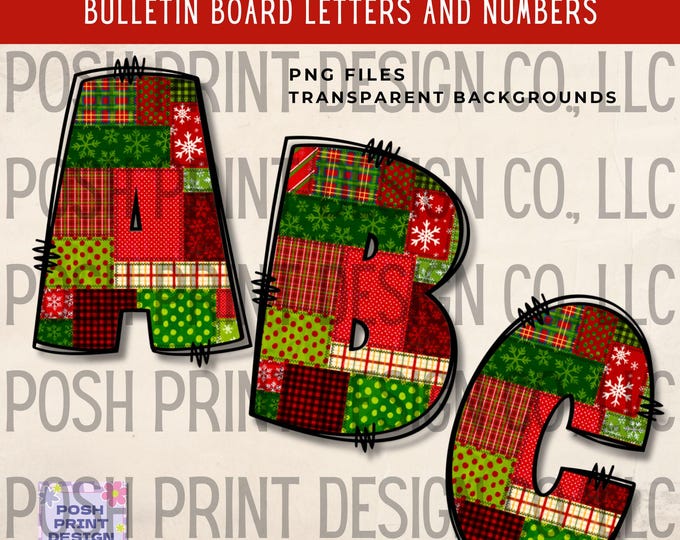 Christmas Patchwork Doodle Alphabet Clip Art, Bulletin Board Letters, PNG files, Digital Download