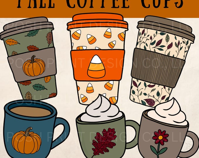 Autumn Coffee Cup Clipart | Cozy Fall Cups with Pumpkins, Candy Corn, Leaves | Commercial Use