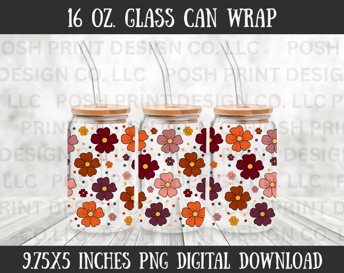 Fall Floral Glass Can Wrap PNG | Boho Autumn Design (Digital Download)