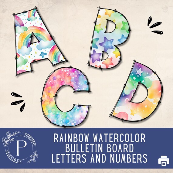 Rainbow Watercolor Alphabet Clip Art, Bulletin Board Letters, PNG, Clip Art, Classroom Decor, Party Decor